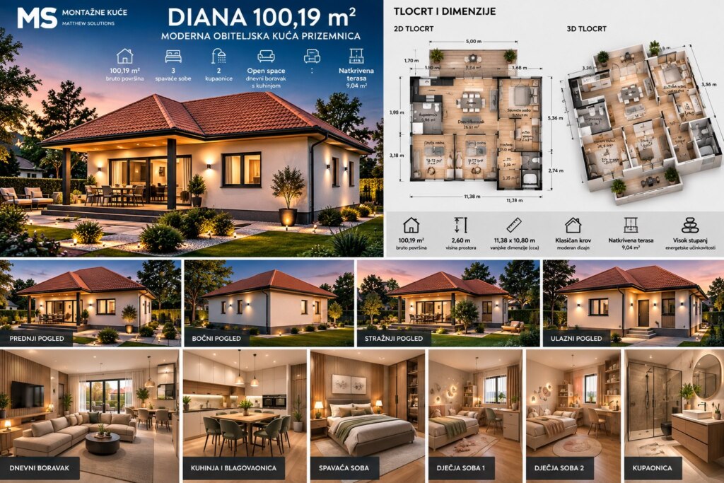 DIANA 100,19 m² – moderna montažna prizemnica s 3 spavaće sobe i natkrivenom terasom