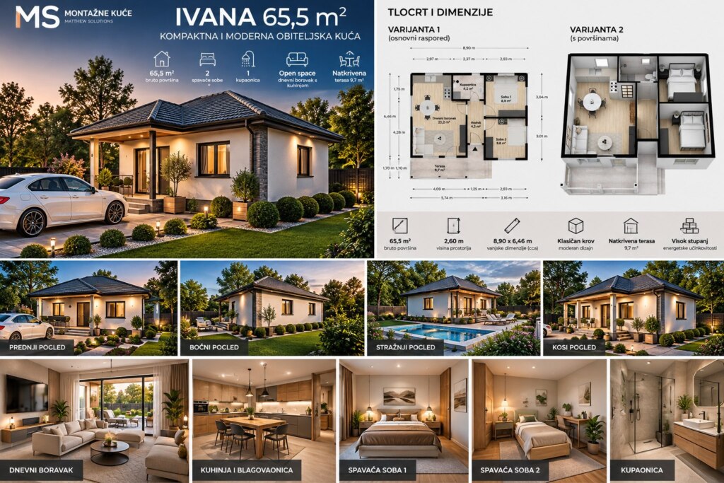 IVANA 65,5 m² – moderna montažna prizemnica s 2 spavaće sobe i natkrivenom terasom