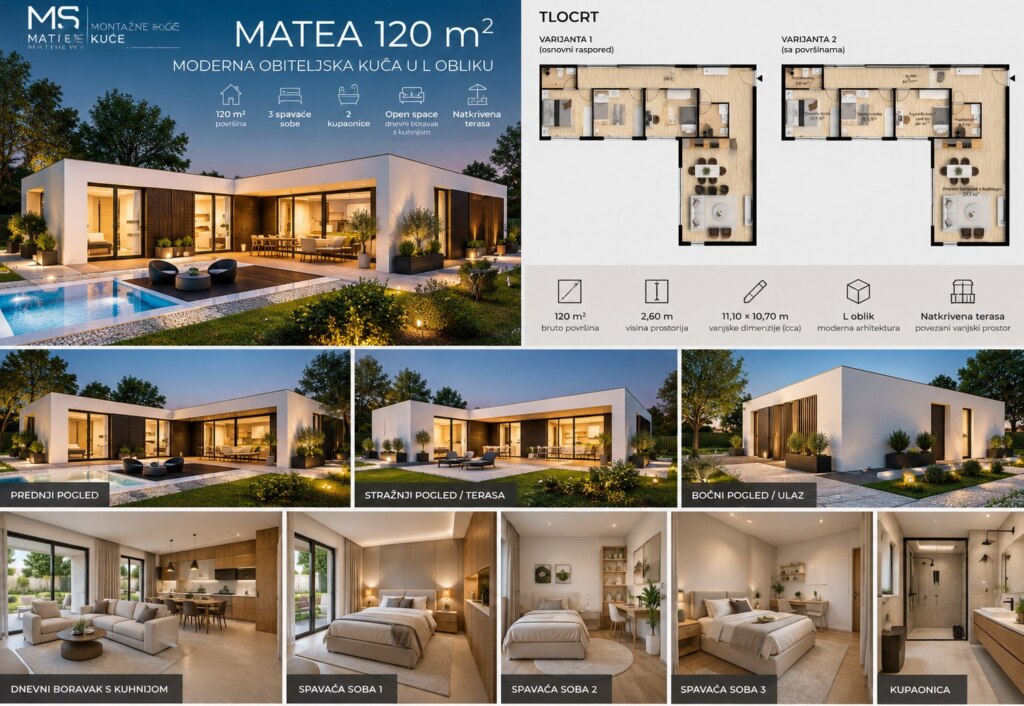 MATEA 120 m² – moderna montažna kuća u L obliku s 3 spavaće sobe i natkrivenom terasom