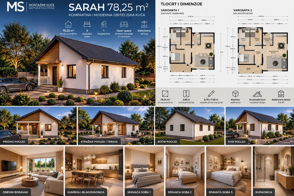 SARAH 78,25 m² – moderna montažna prizemnica s 3 spavaće sobe i natkrivenom terasom